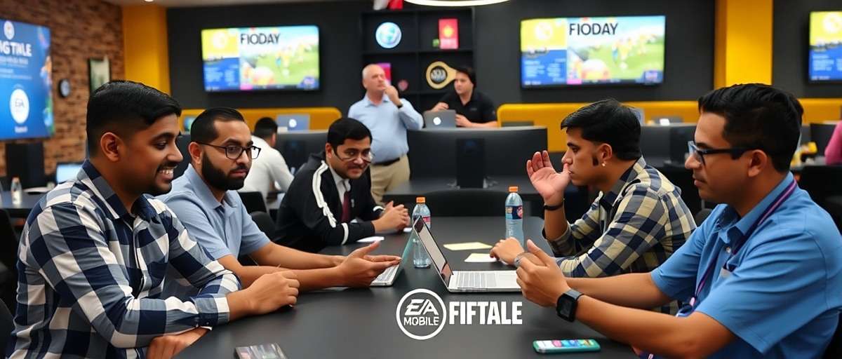 Indian community discussing FIFA Mobile Cheats Hacks Indian gamers discussing FIFA Mobile cheats strategies in a cyber cafe